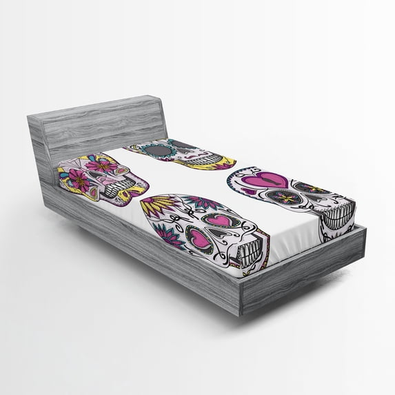 Ambesonne Sugar Skull Fitted Sheet, Colorful Mexican, Twin XL Size, Multicolor