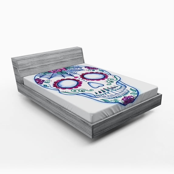 Ambesonne Sugar Skull Fitted Sheet, Colorful Skeleton Image, Full Size, Multicolor