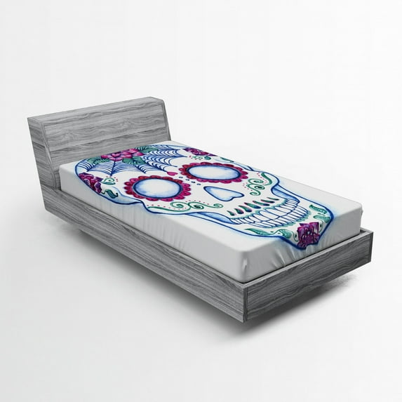 Ambesonne Sugar Skull Fitted Sheet, Colorful Skeleton Image, Twin Size, Multicolor