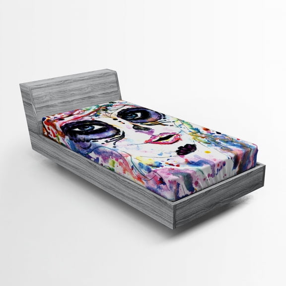 Ambesonne Sugar Skull Fitted Sheet, Creepy Makeup Girl, Twin Size, Multicolor