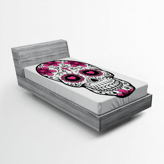 Ambesonne Sugar Skull Fitted Sheet, Flower Hearts Swirl, Twin Size, Hot Pink Black White