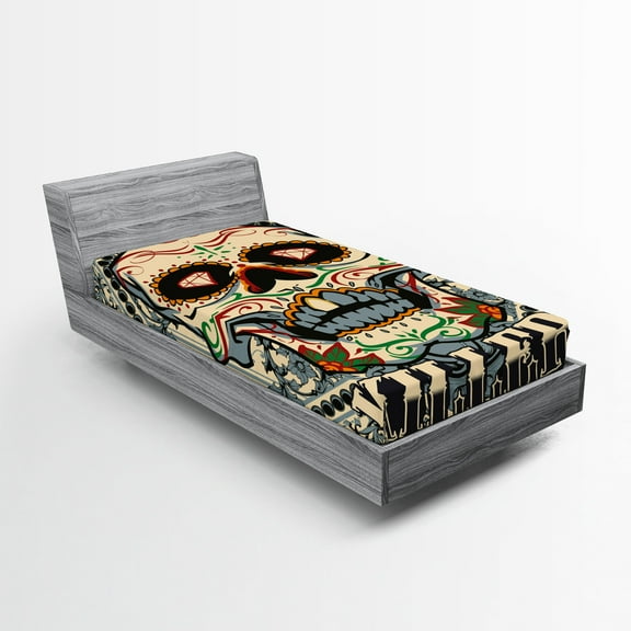Ambesonne Sugar Skull Fitted Sheet, Gothic Killer Frame, Twin XL Size, Multicolor