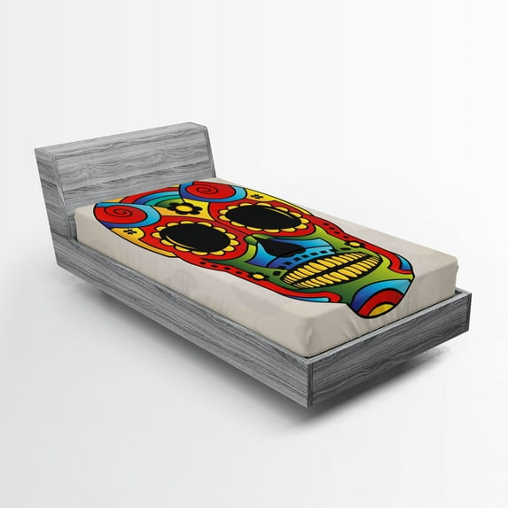 Ambesonne Sugar Skull Fitted Sheet, Latin Macabre Myth, Twin XL Size, Multicolor