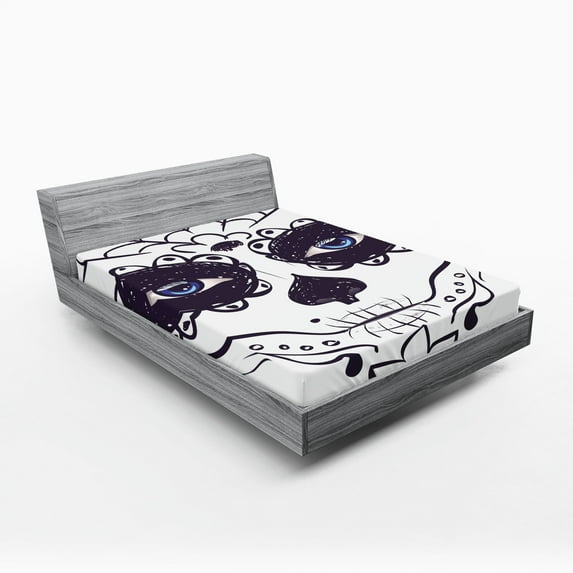 Ambesonne Sugar Skull Fitted Sheet, Make up Girl, Queen Size, Black White and Blue