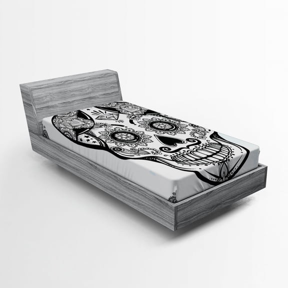 Ambesonne Sugar Skull Fitted Sheet, Mandala Spain, Twin XL Size, Black Pale Grey