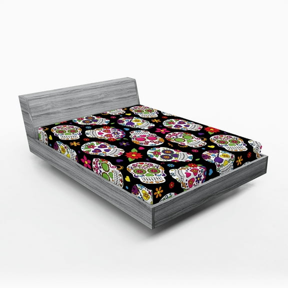 Ambesonne Sugar Skull Fitted Sheet, Mexico Themed Design, King Size, Multicolor