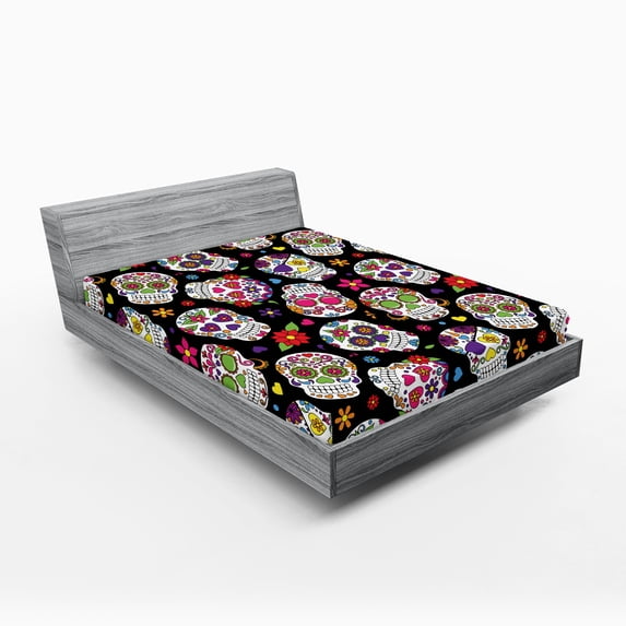 Ambesonne Sugar Skull Fitted Sheet, Mexico Themed Design, Queen Size, Multicolor