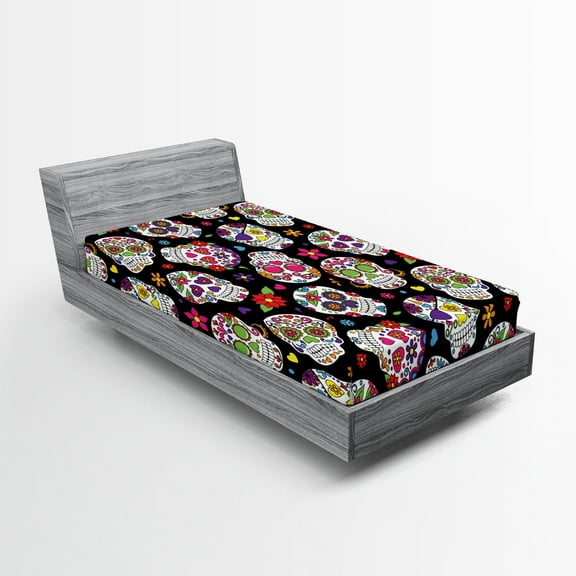 Ambesonne Sugar Skull Fitted Sheet, Mexico Themed Design, Twin XL Size, Multicolor