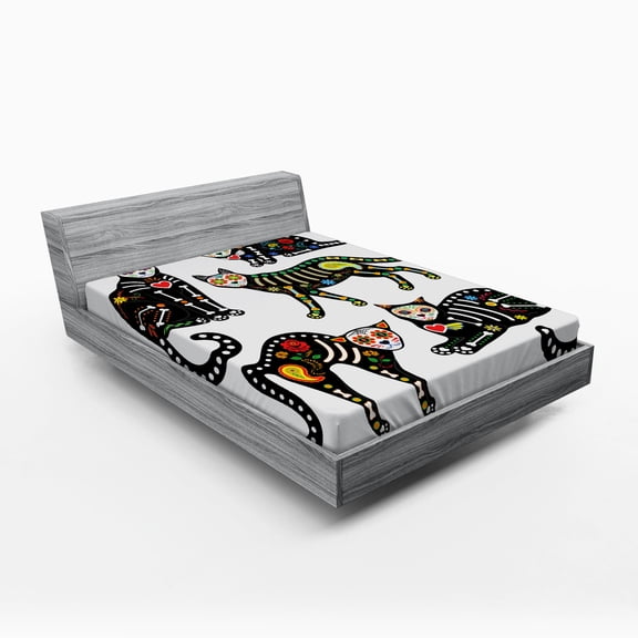 Ambesonne Sugar Skull Fitted Sheet, Ornate Black Cats, Full Size, Multicolor