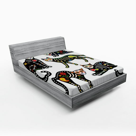 Ambesonne Sugar Skull Fitted Sheet, Ornate Black Cats, Queen Size, Multicolor