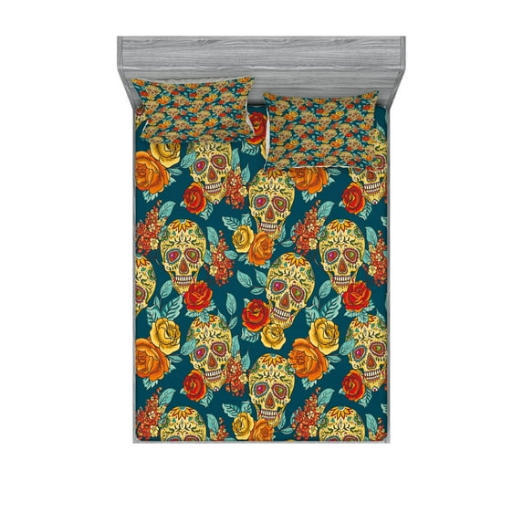 Ambesonne Sugar Skull Fitted Sheet & Pillow Sham Set, Diamond Eyes Roses, Full, Multicolor