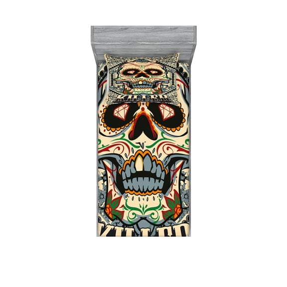 Ambesonne Sugar Skull Fitted Sheet & Pillow Sham Set, Gothic Killer Frame, Twin, Multicolor