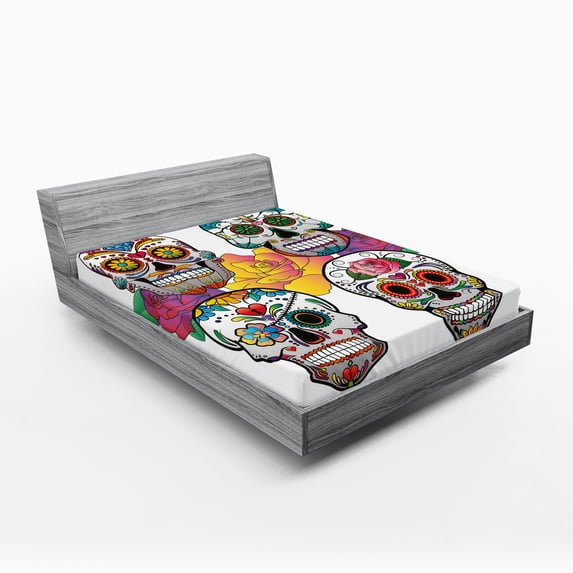 Ambesonne Sugar Skull Fitted Sheet, Rich Colors Ornate, Full Size, Multicolor