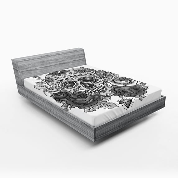 Ambesonne Sugar Skull Fitted Sheet, Roses Diamond Shape, Full Size, Grey White