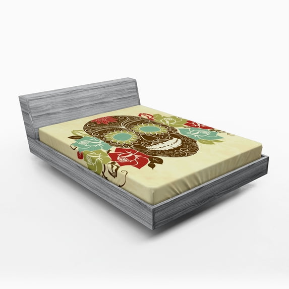 Ambesonne Sugar Skull Fitted Sheet, Vintage Gothic Face, Queen Size, Multicolor