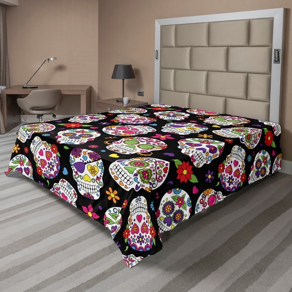 Ambesonne Sugar Skull Flat Sheet, Mexico Themed Design, California King, Multicolor
