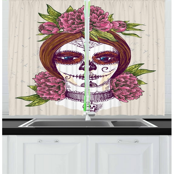 Ambesonne Sugar Skull Kitchen Curtains, Girl with Makeup, 55"x39", Multicolor
