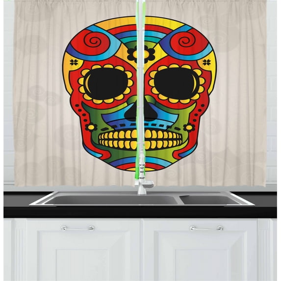 Ambesonne Sugar Skull Kitchen Curtains, Latin Macabre Myth, 55"x39", Multicolor