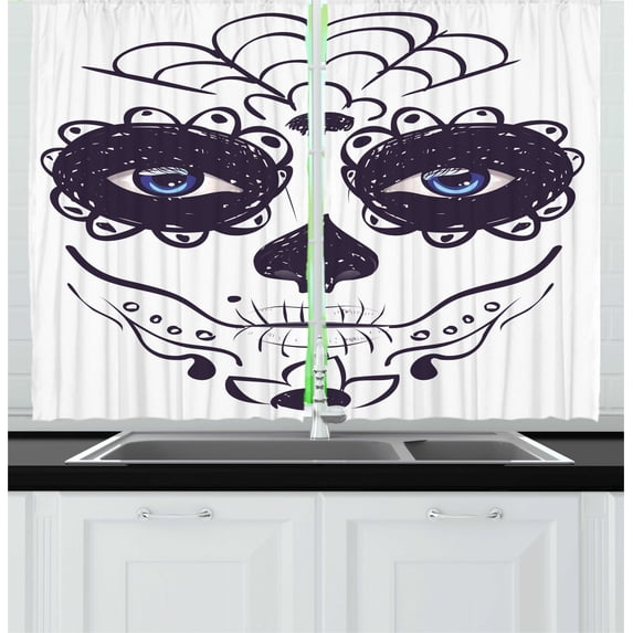 Ambesonne Sugar Skull Kitchen Curtains, Make up Girl, 55"x39", Black White and Blue