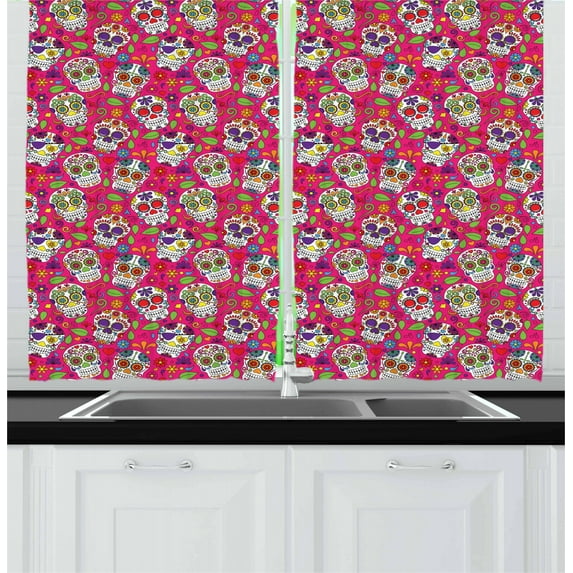 Ambesonne Sugar Skull Kitchen Curtains, Mexican Holiday, 55"x39", Multicolor