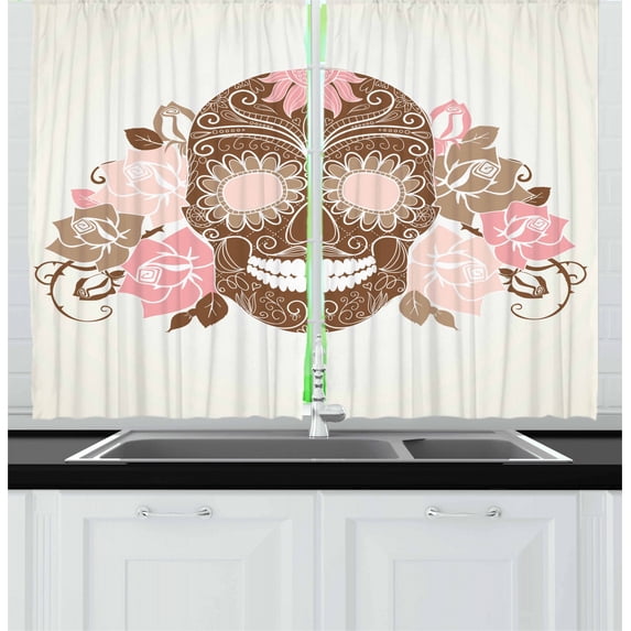 Ambesonne Sugar Skull Kitchen Curtains, Roses and Thorns, 55"x39", Warm Taupe Chocolate