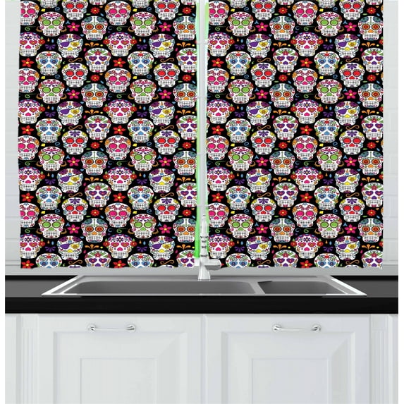 Ambesonne Sugar Skull Kitchen Curtains, Skeleton Theme, 55"x39", Multicolor