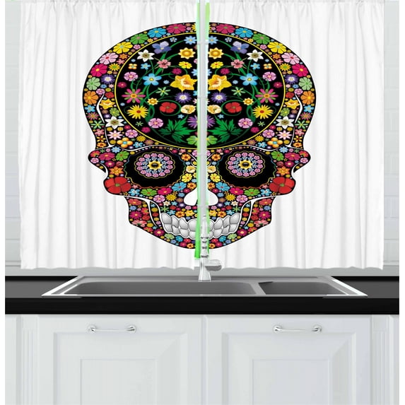 Ambesonne Sugar Skull Kitchen Curtains, Wild Spring Blooms, 55"x39", Multicolor