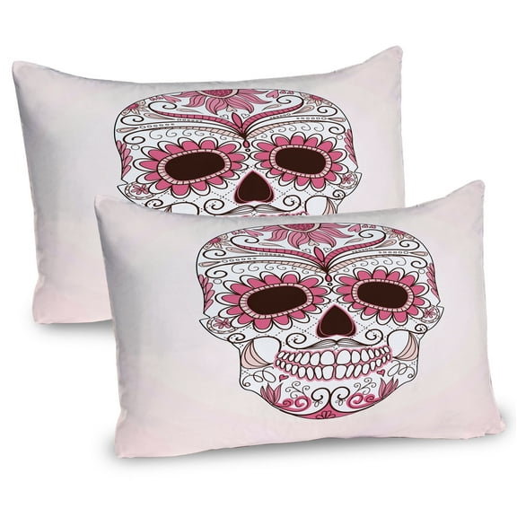 Ambesonne Sugar Skull Pillow Sham 2 Pack, Mexican Ornaments, 30"x20", Pink Pale Pink White