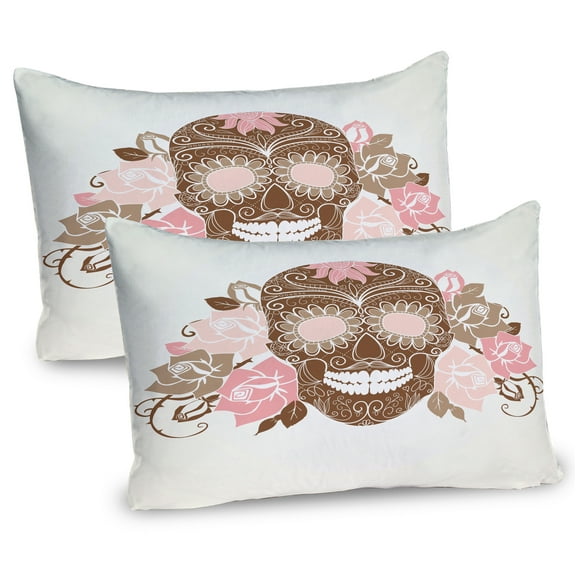 Ambesonne Sugar Skull Pillow Sham 2 Pack, Roses and Thorns, 30"x20", Warm Taupe Chocolate