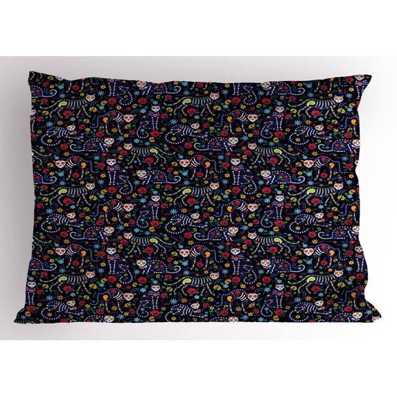 Ambesonne Sugar Skull Pillow Sham, Skeleton Cats Bone, 26" X 20", Multicolor
