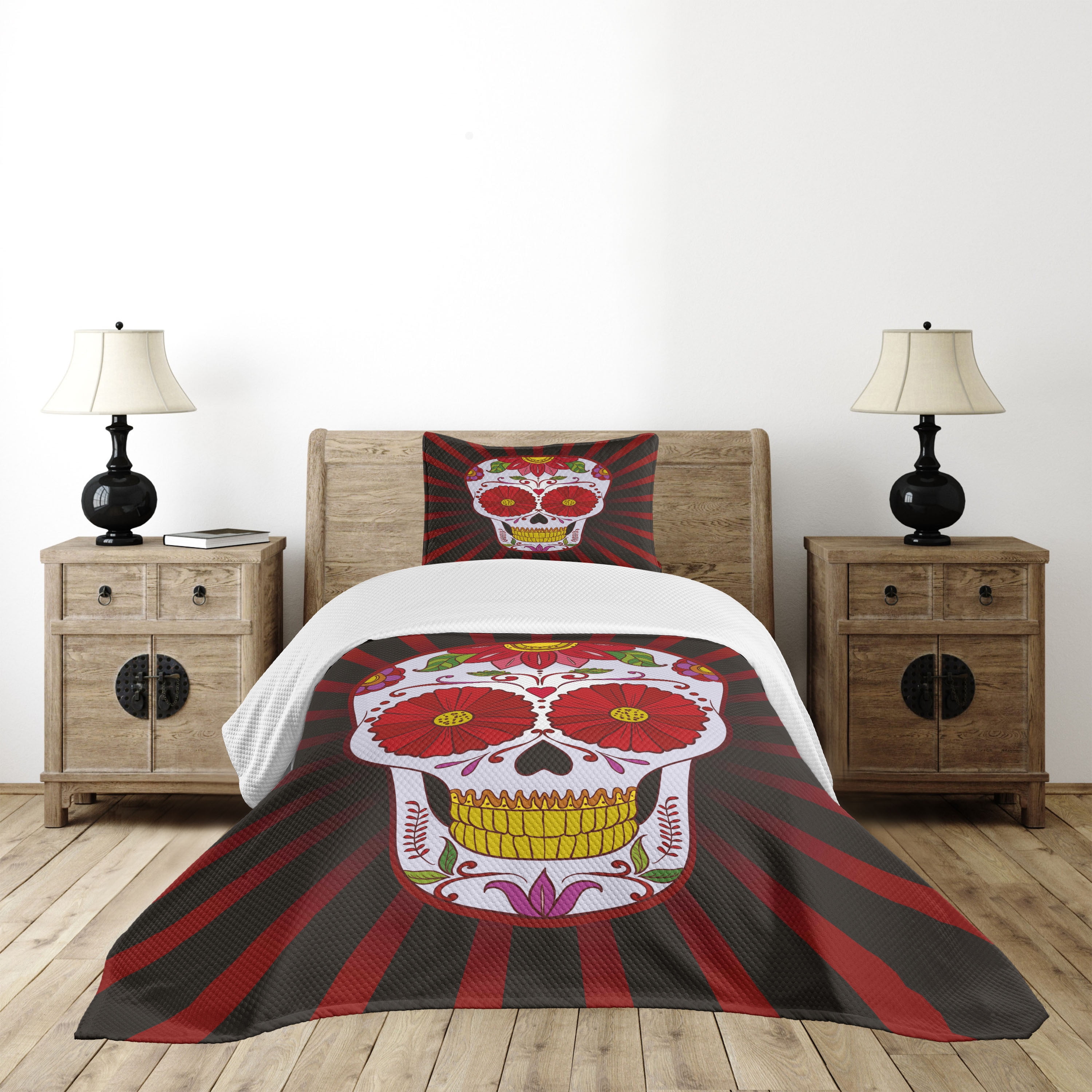 Twin White Quilted Skull Art Bedspread Set