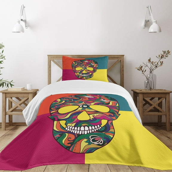 Ambesonne Sugar Skull Quilted Bedspread Set 2 Pcs, Colorful Calavera, Twin Size, Multicolor