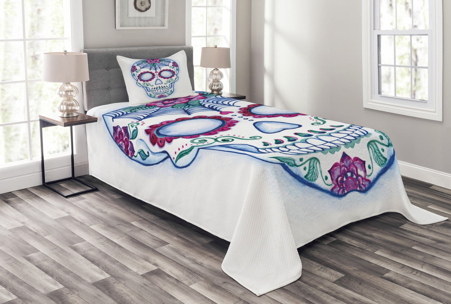 White Quilted Twin Bedspread Set with Colorful Skull Design