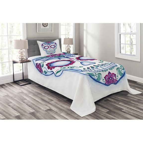 Ambesonne Sugar Skull Quilted Bedspread Set 2 Pcs, Colorful Skeleton Image, Twin Size, Multicolor