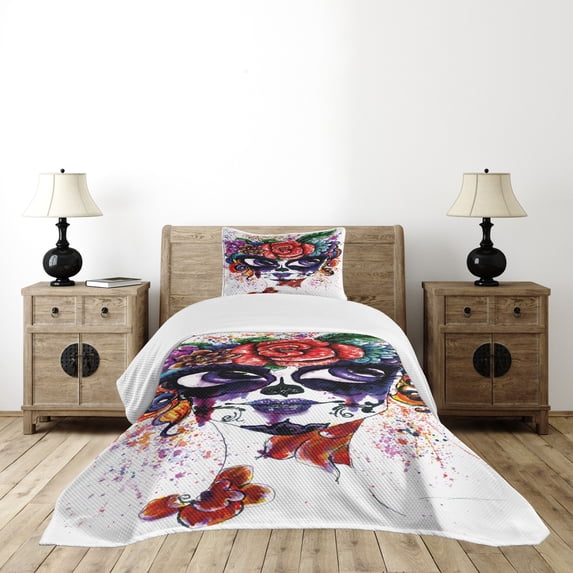 Ambesonne Sugar Skull Quilted Bedspread Set 2 Pcs, Floral Big Eyes, Twin Size, Multicolor