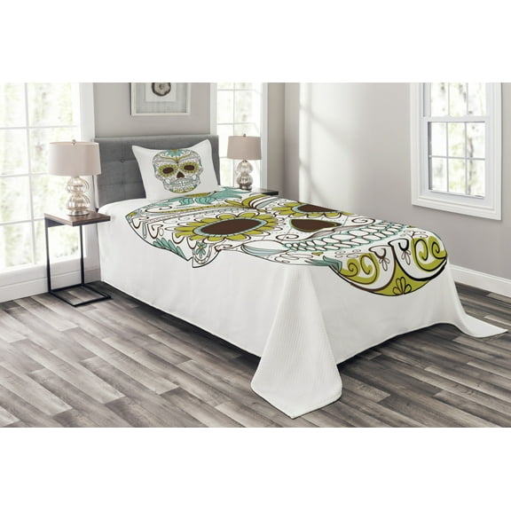 Ambesonne Sugar Skull Quilted Bedspread Set 2 Pcs, Folk Floral, Twin Size, Green Brown Seafoam