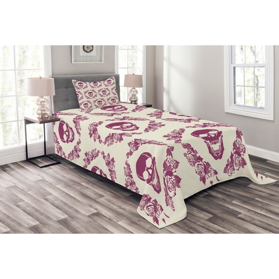 Ambesonne Sugar Skull Quilted Bedspread Set 2 Pcs, Maroon Motif Flowers, Twin Size, Fuchsia Cream