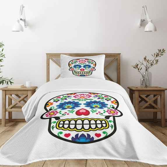 Ambesonne Sugar Skull Quilted Bedspread Set 2 Pcs, Polish Folk Art, Twin Size, Multicolor