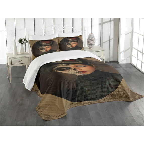 Ambesonne Sugar Skull Quilted Bedspread Set 3 Pcs, Antique Portrait, King Size, Multicolor