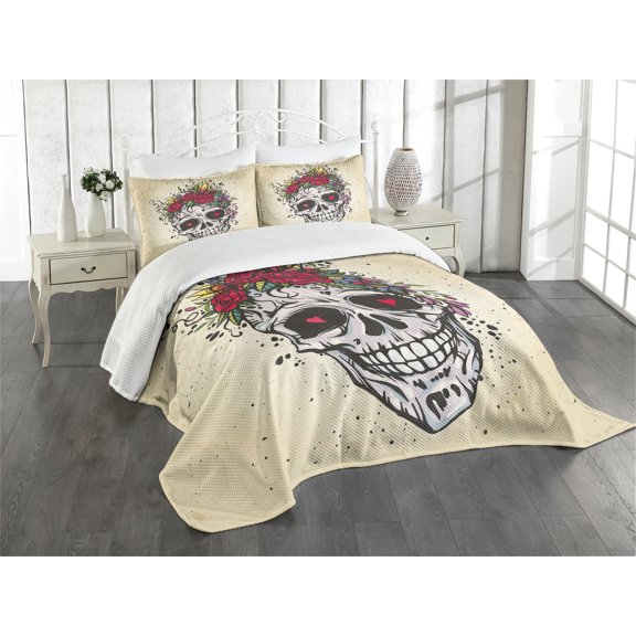Ambesonne Sugar Skull Quilted Bedspread Set 3 Pcs, Boho Plant Skull, Queen Size, Multicolor
