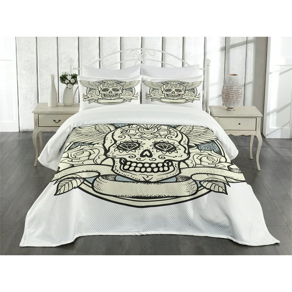 Ambesonne Sugar Skull Quilted Bedspread Set 3 Pcs, Calavera Diamond, King Size, Cream Grey Black