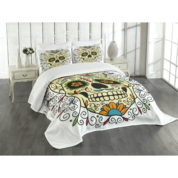 Ambesonne Sugar Skull Quilted Bedspread Set 3 Pcs, Calavera Featured, King Size, Multicolor