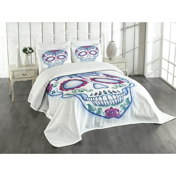 Ambesonne Sugar Skull Quilted Bedspread Set 3 Pcs, Colorful Skeleton Image, King Size, Multicolor