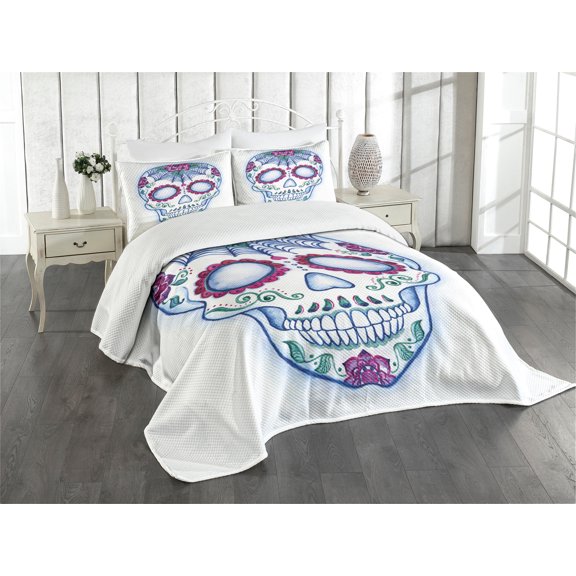 Ambesonne Sugar Skull Quilted Bedspread Set 3 Pcs, Colorful Skeleton Image, Queen Size, Multicolor