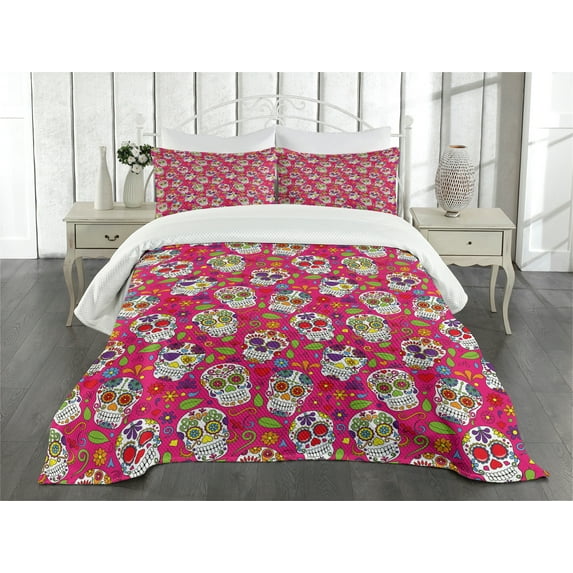 Ambesonne Sugar Skull Quilted Bedspread Set 3 Pcs, Cultural Ornaments Head, King Size, Multicolor