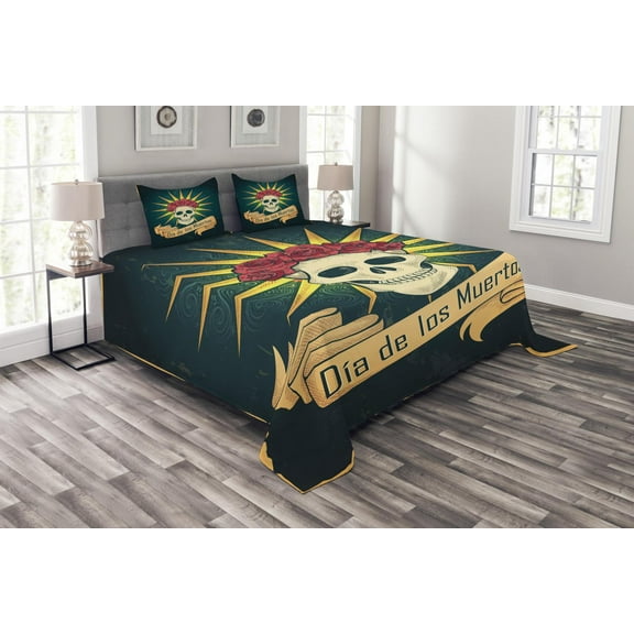 Ambesonne Sugar Skull Quilted Bedspread Set 3 Pcs, Day of Dead Grunge, Queen Size, Dark Teal