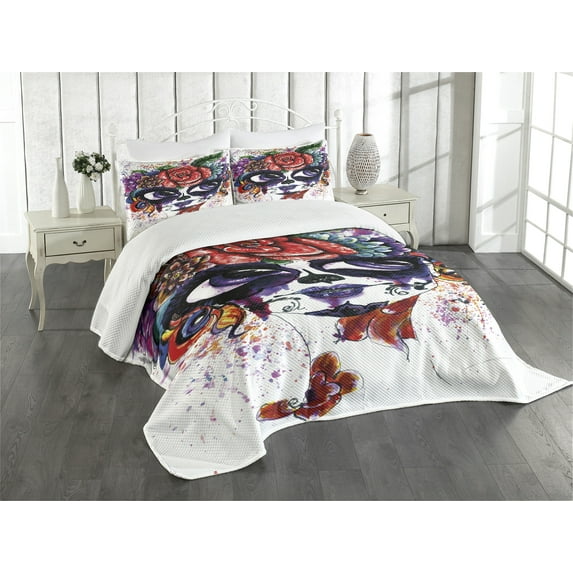 Ambesonne Sugar Skull Quilted Bedspread Set 3 Pcs, Floral Big Eyes, Queen Size, Multicolor