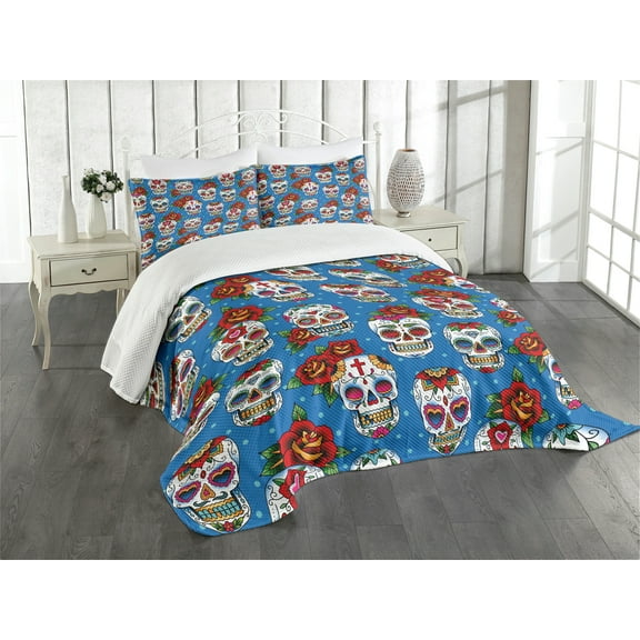Ambesonne Sugar Skull Quilted Bedspread Set 3 Pcs, Mexican Retro Dots, Queen Size, Multicolor