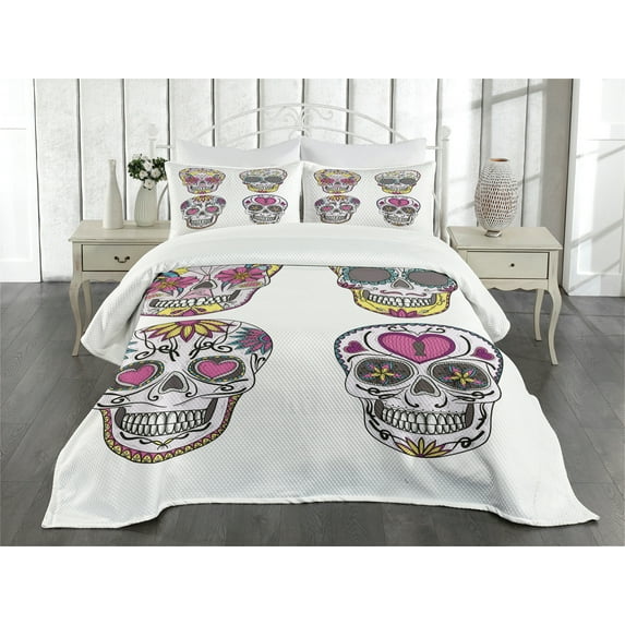 Ambesonne Sugar Skull Quilted Bedspread Set 3 Pcs, Mexican Skulls Set, King Size, Multicolor