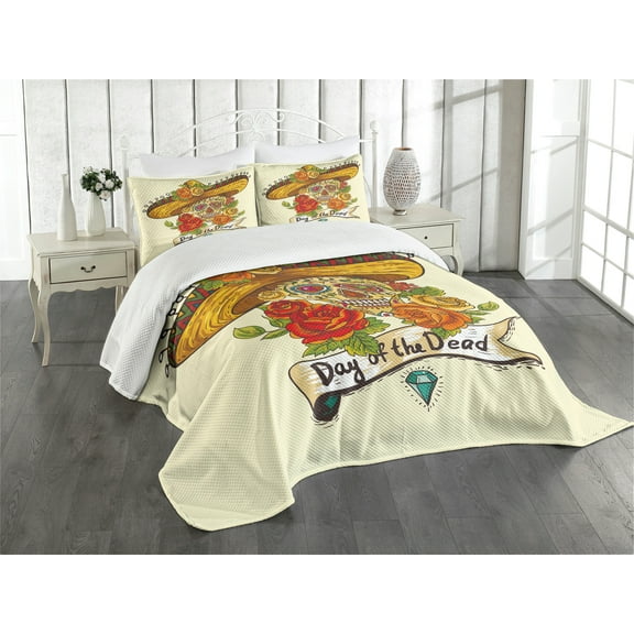 Ambesonne Sugar Skull Quilted Bedspread Set 3 Pcs, Skull in Sombrero, King Size, Multicolor